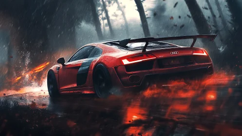Red supercar powers through a stormy forest racetrack at speed