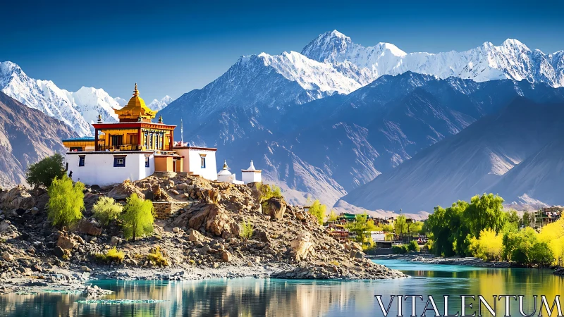 Mountain monastery above river with snow peaks in background.