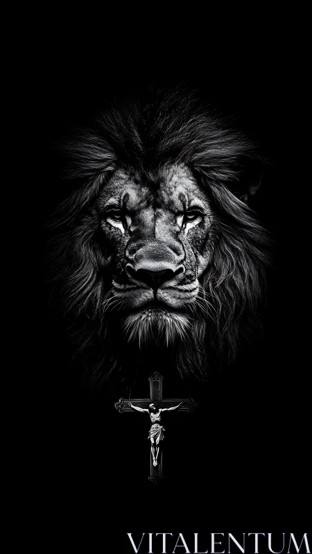 High contrast monochrome lion portrait aligned above crucifix symbol