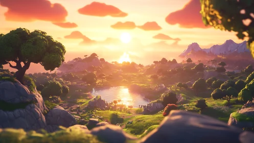 Golden sunset welcomes a tranquil stylized valley and lake