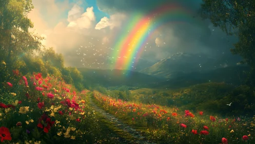 Enchanted Meadow Pathway with Lush Flowers and Vibrant Rainbow.