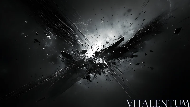 Shattered cosmic core amid dark abstract explosion.