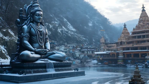 Massive Shiva statue by riverside temple in winter landscape.