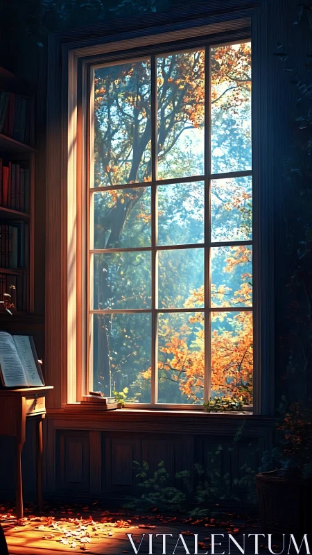 Autumn light through tall studio window over forest view.