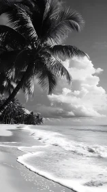 Monochromatic Tropical Seascape with Palm Fronds.