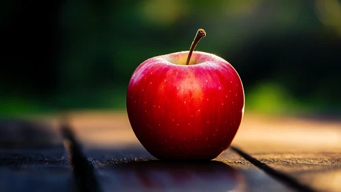 Red apple on wooden surface in soft natural light.