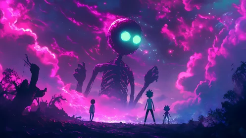 Glowing cosmic giant greeting three tiny wanderers at dusk.