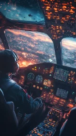 Futuristic pilot in illuminated cockpit over city lights.