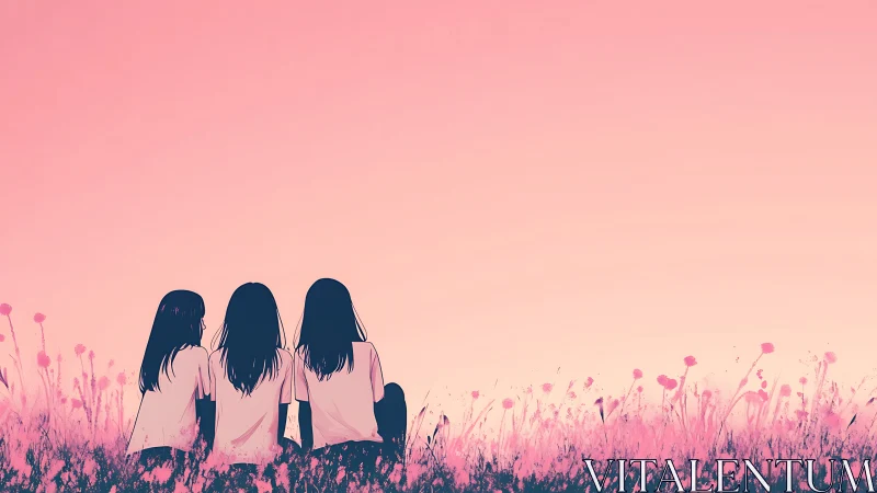 Three Girls Sitting in Field, Minimalist Pastel Illustration.