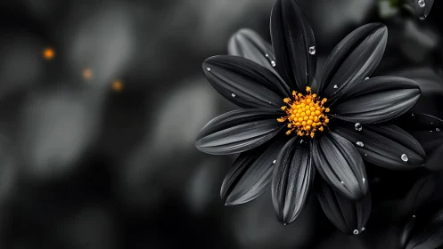 Black flower with golden center and water droplets on petals.