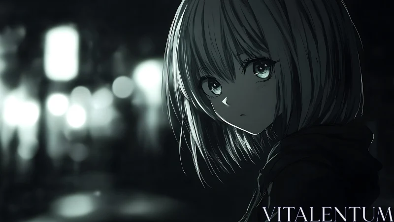 Melancholic anime girl in dim night city street scene.