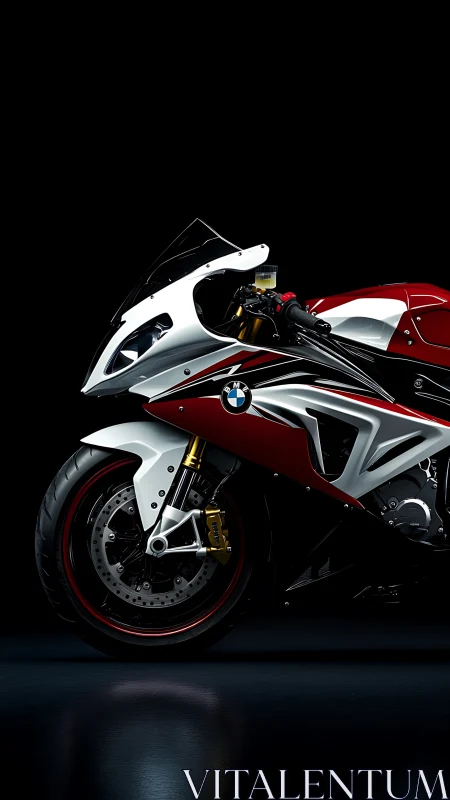 BMW sport motorcycle profile on dark reflective studio background.