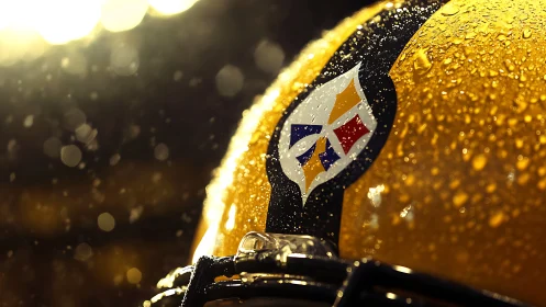 Yellow football helmet under stadium rain lights glistens