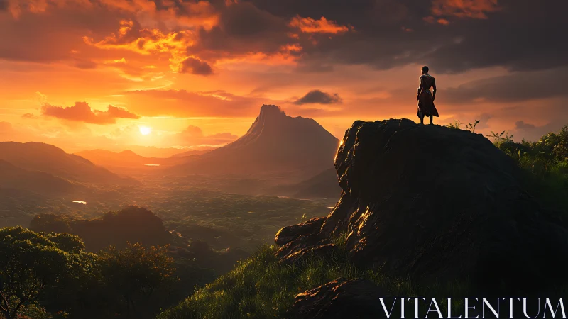 Solitary wanderer surveys a vivid volcanic valley at sunset.