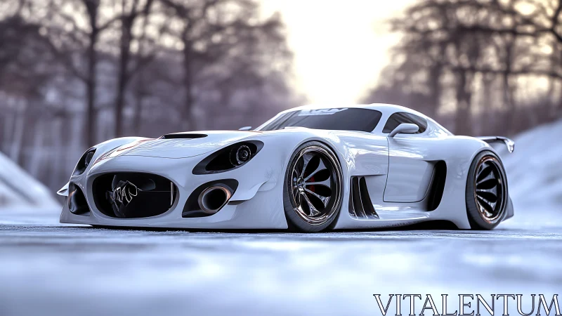 Low-angle render of white futuristic sports coupe car.