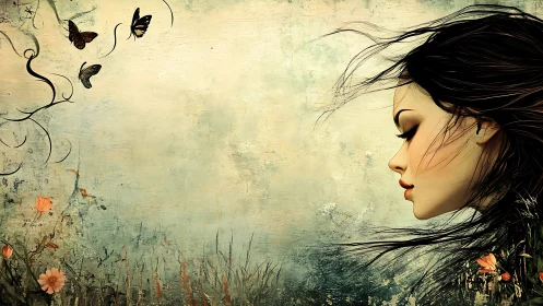 Side profile of digital woman facing butterflies and flowers