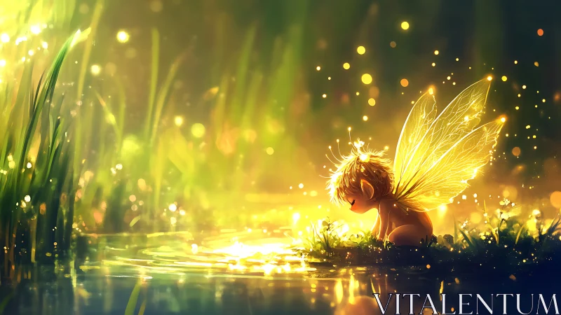 Luminous woodland fairy child beside glowing forest pool.