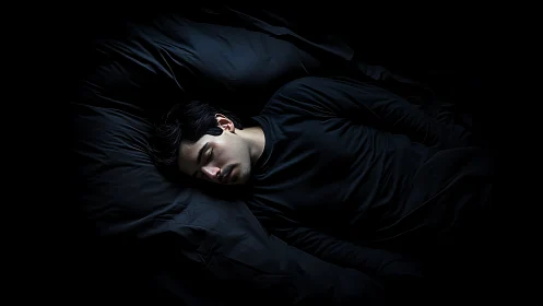 Man in black bedding under single moody spotlight.