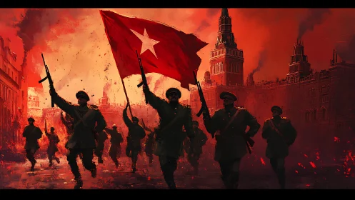 Crimson city march under a lone white star banner.