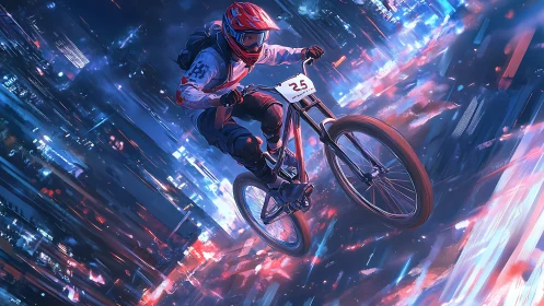 Urban Velocity: BMX Rider Defies Gravity in Neon Metropolis.