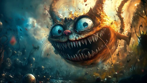 Grinning chaos-orbit cat hurtles through a molten dreamscape