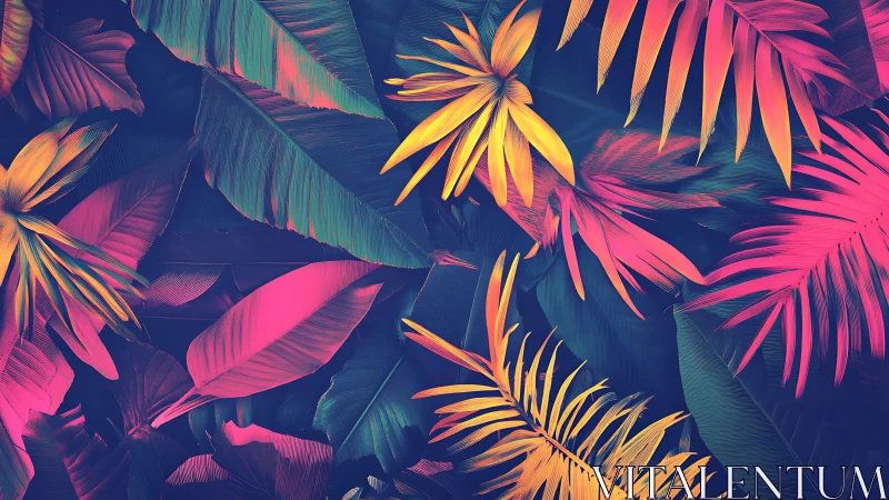 Neon tropical foliage explodes across deep shadowed field.