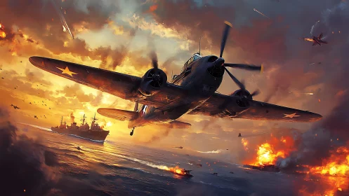 Diving warbird slices through a sunset of fire and steel