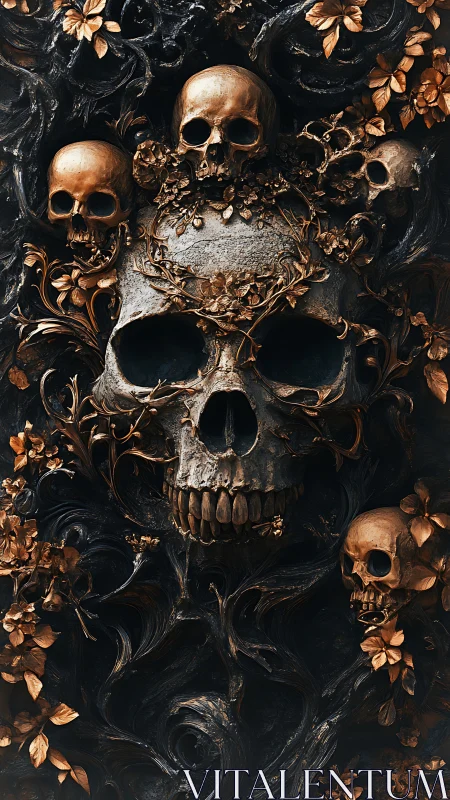 Gilded skull garden entwined with swirling dark florals.