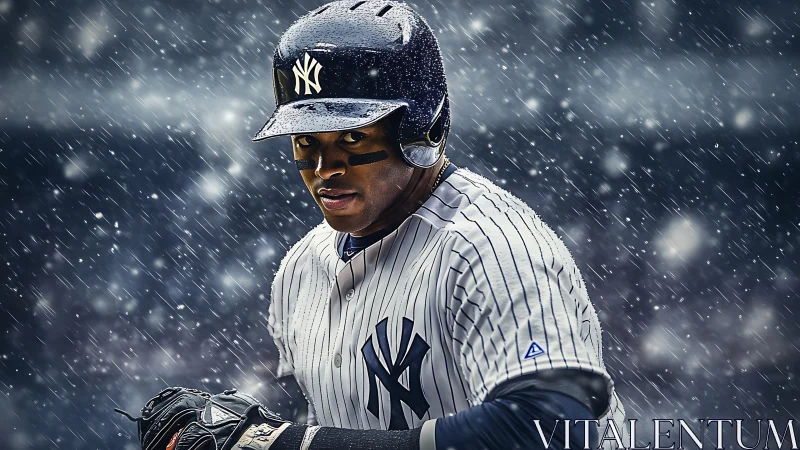 Power hitter in pinstripes under dramatic stadium rain lighting