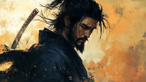 Digital painting of brooding samurai with textured aura.