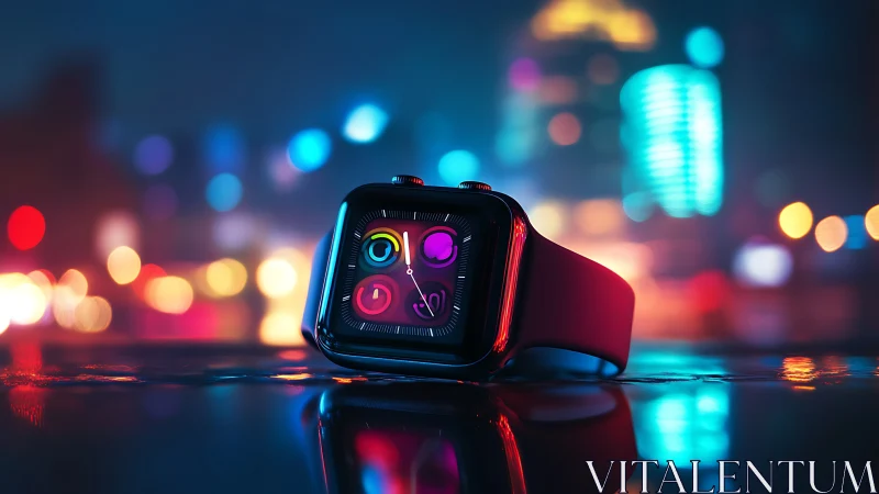 Smartwatch sits on wet reflective surface in neon cityscape