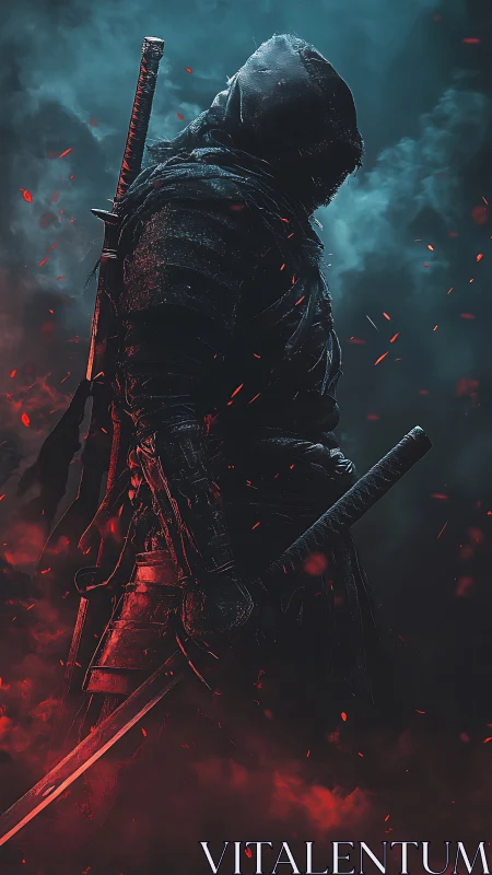 Shadowed blade walker in drifting smoke and embers.