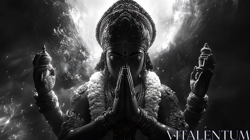 Divine multi-armed deity prays amid cosmic monochrome storm.