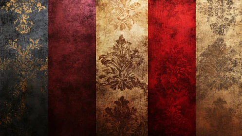 Ornate damask stripes in aged gold, red and charcoal tones.