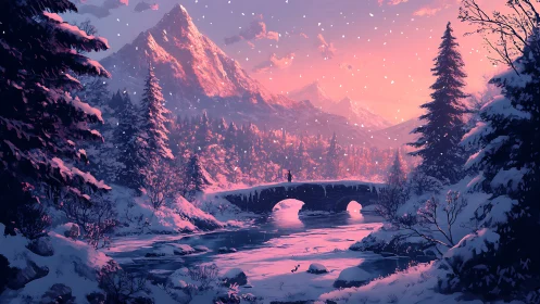Snowlit mountain bridge under glowing winter sunset sky.