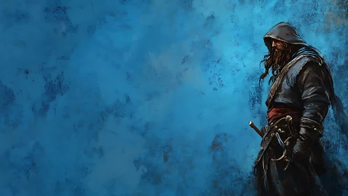 Hooded rogue with blades against textured cerulean field.