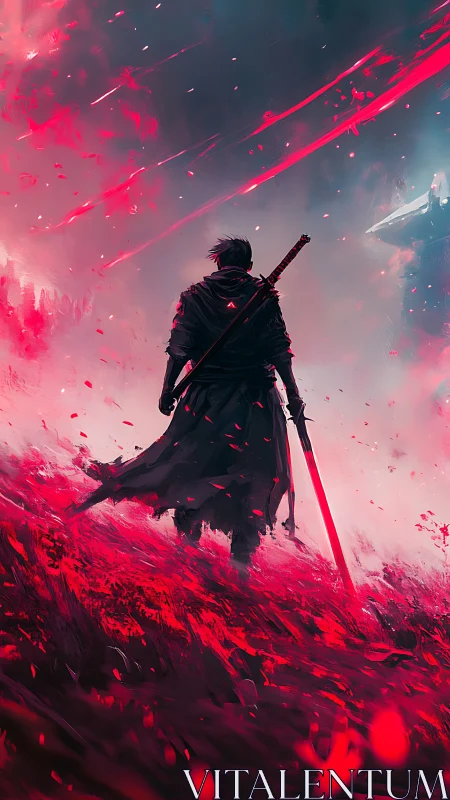 Lone katana warrior in crimson storm-swept digital battlefield