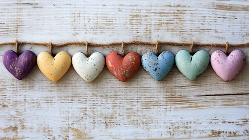 Rainbow Hearts Strung Together on Weathered Wood.
