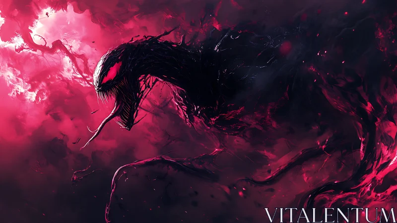 Sinister symbiotic creature in swirling crimson void.