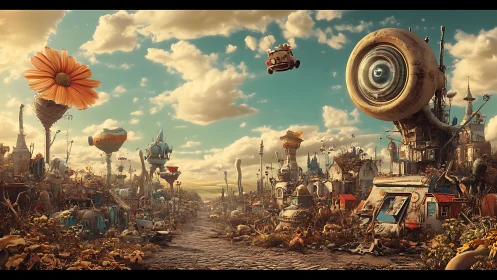 Whimsical steampunk flower city with giant lens observatory