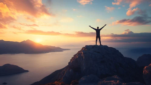 Silhouette hails sunrise atop coastal mountain summit ridge.