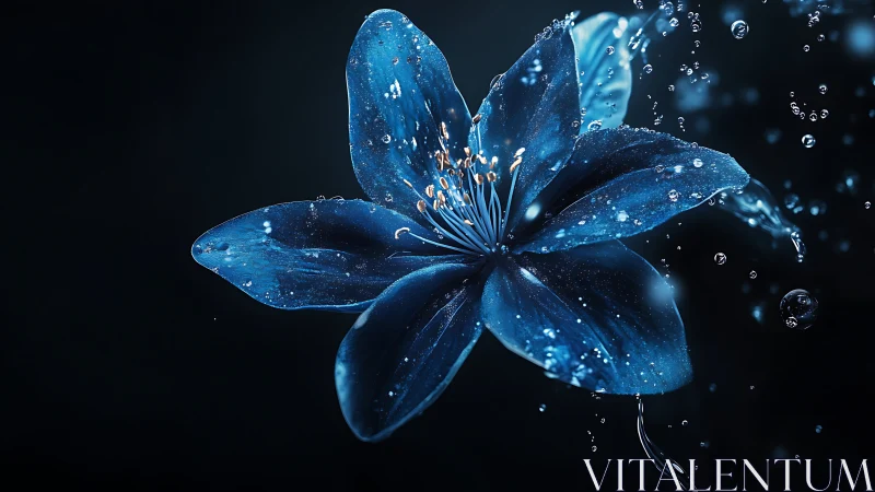 Bioluminescent Flower with Water Droplets in Deep Blue Environment.
