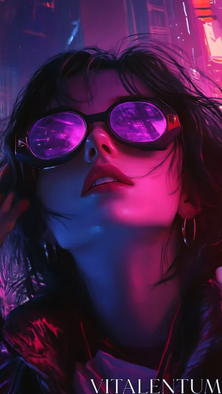 Neon-lit cyberpunk portrait with reflective magenta goggles.