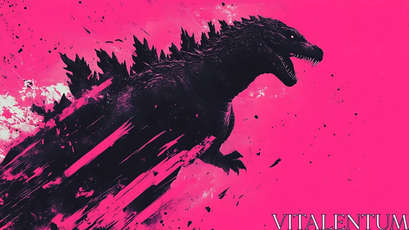 Silhouette of large reptilian creature on magenta field.