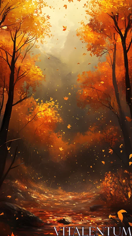 Autumn Forest Path Engulfed in Golden Falling Leaves.