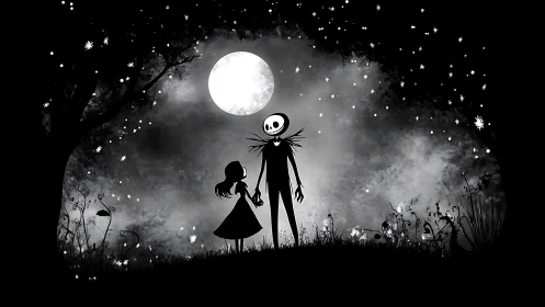 Skeletal Romance Under Moonlight in Enchanted Garden.