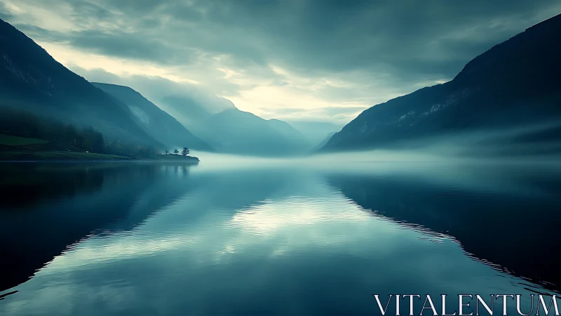 Foggy mountain fjord reflects moody dawn sky on still water