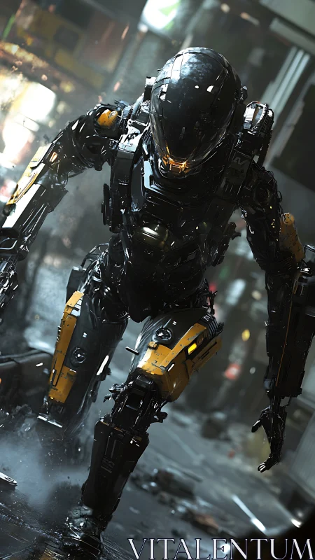 Resolute urban mech striding through a rain slicked alleyway.