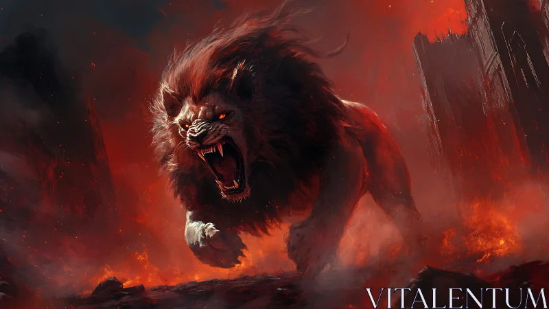 Fierce fiery lion charging through a storm of blazing embers.