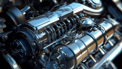 Highly Detailed Chrome Engine in Futuristic Mechanical Art Style.